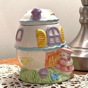 Cute vintage cottage candy jar with a whimsical bunny design